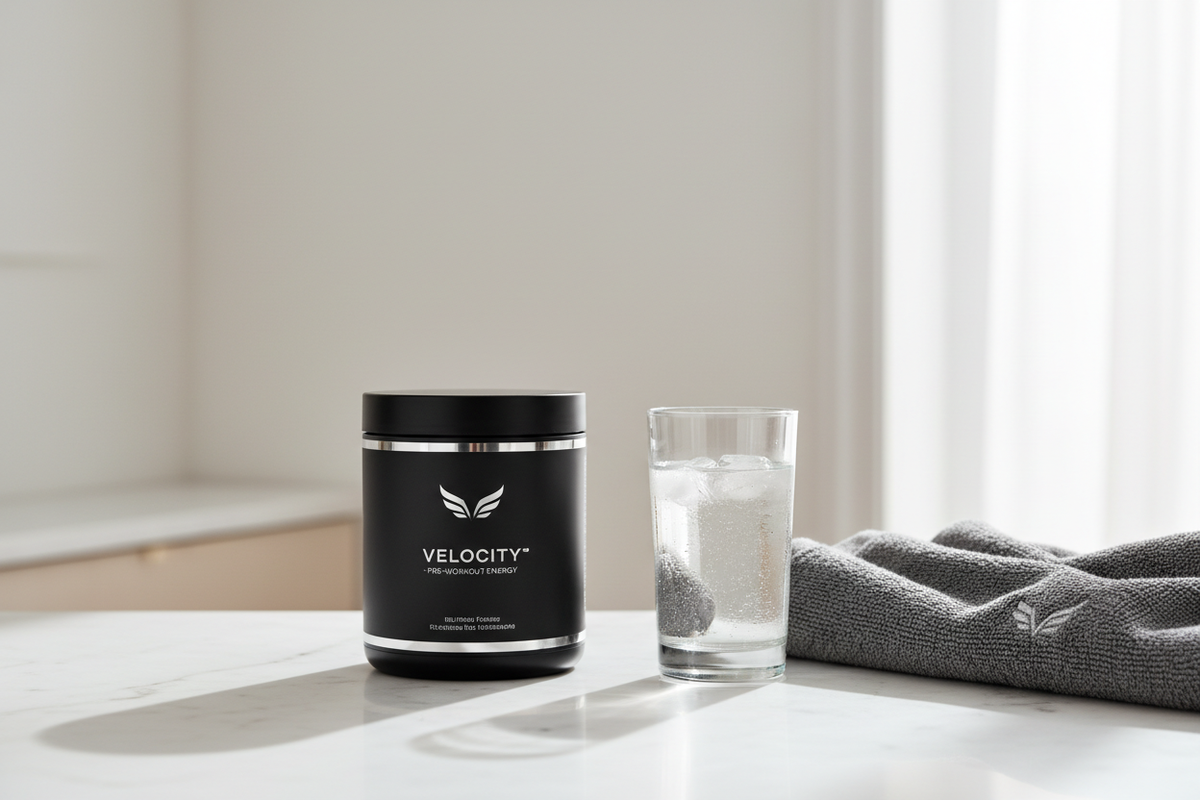 Velmora Energy & Focus Pre-Workout on marble countertop
