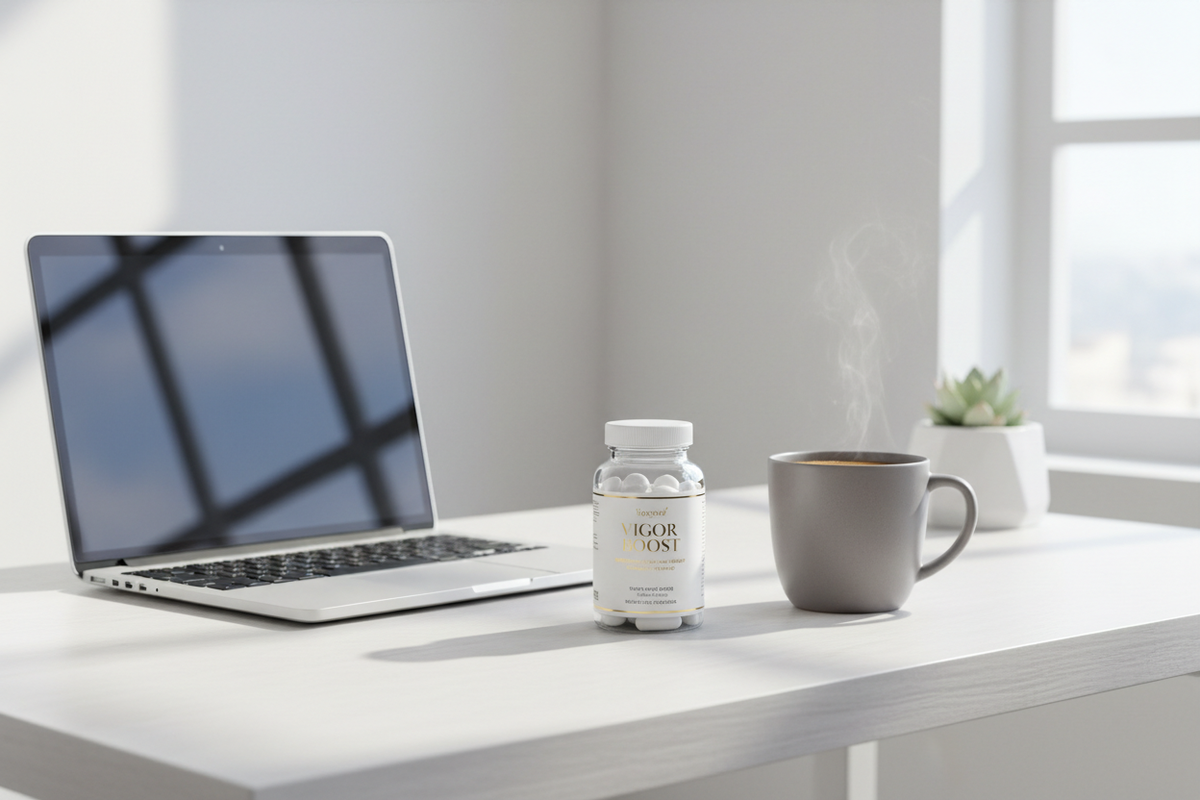Velmora Caffeine Energy Tablets on modern desk with laptop and coffee