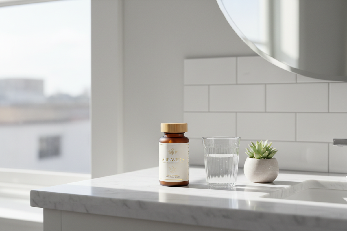 Velmora Daily Wellness Capsules on marble bathroom counter